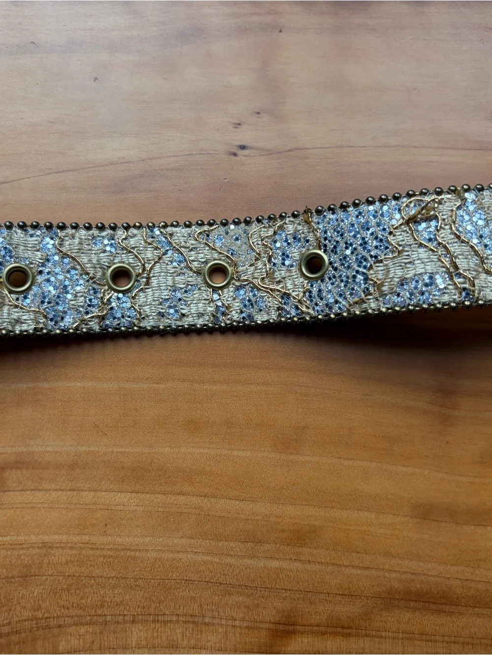 Embellished Metallic Floral Leather Belt - Gold/Brown